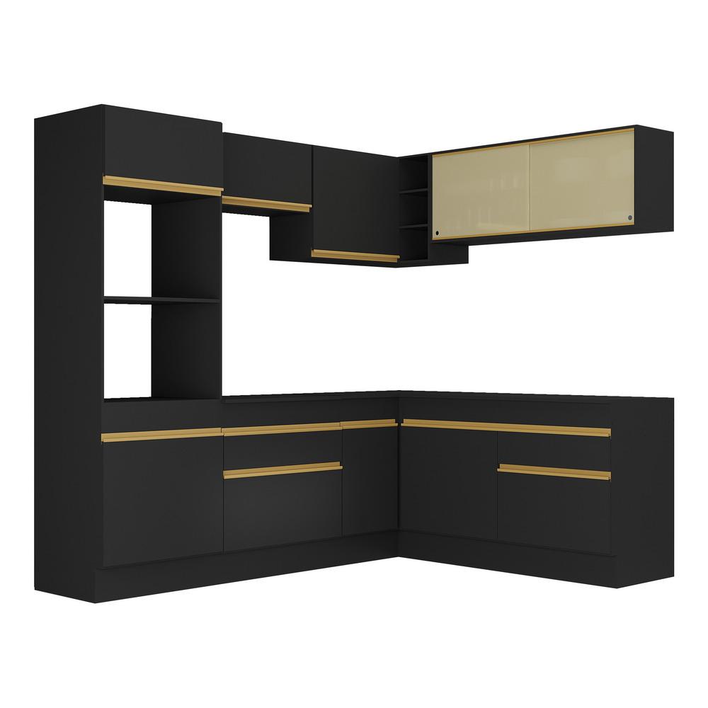 Armário de Cozinha Completa de Canto com Rodapé Veneza Multimóveis V2099  Preto/Dourado
