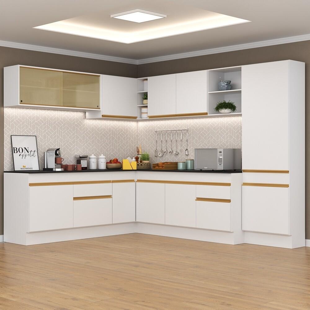 Armário de Cozinha Completa de Canto com Rodapé Veneza Multimóveis V2100  Branco/Dourado