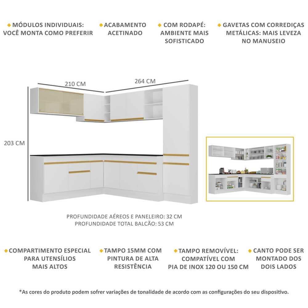 Armário de Cozinha Completa de Canto com Rodapé Veneza Multimóveis V2100  Branco/Dourado
