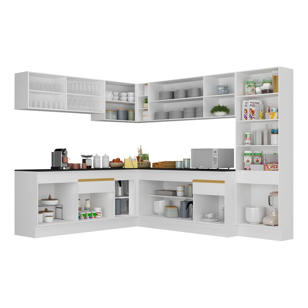 Armário de Cozinha Completa de Canto com Rodapé Veneza Multimóveis V2100  Branco/Dourado