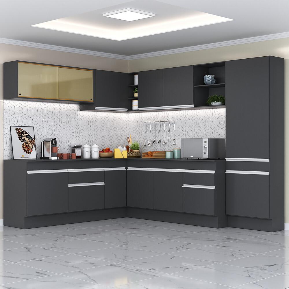 Armário de Cozinha Completa de Canto com Rodapé Veneza Multimóveis V2100  Preto/Branco