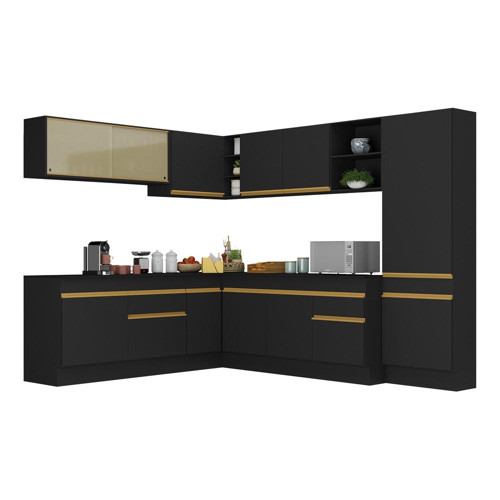 Armário de Cozinha Completa de Canto com Rodapé Veneza Multimóveis V2100  Preto/Dourado