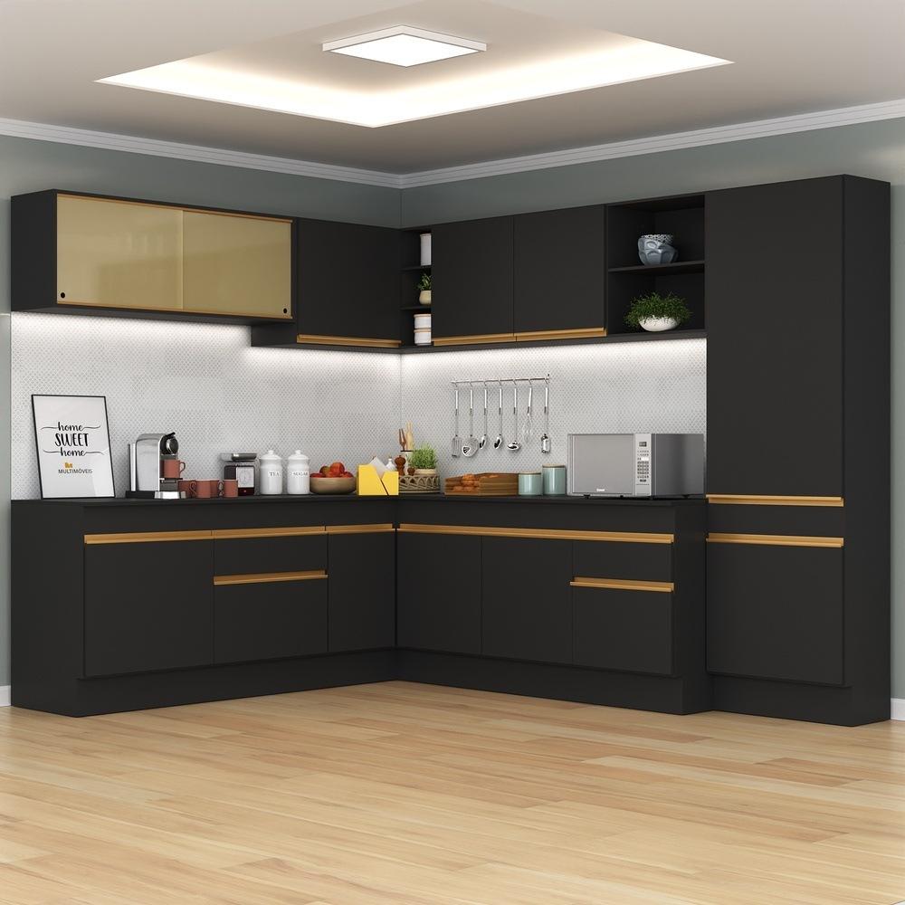 Armário de Cozinha Completa de Canto com Rodapé Veneza Multimóveis V2100  Preto/Dourado