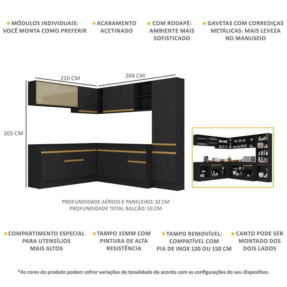 Armário de Cozinha Completa de Canto com Rodapé Veneza Multimóveis V2100  Preto/Dourado