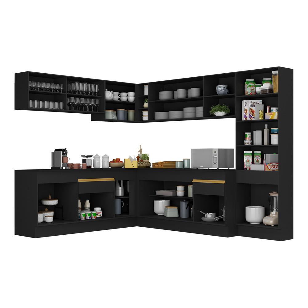 Armário de Cozinha Completa de Canto com Rodapé Veneza Multimóveis V2100  Preto/Dourado