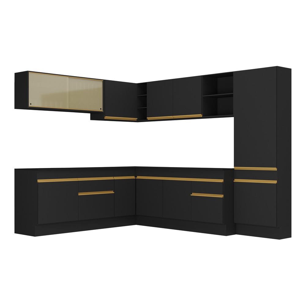 Armário de Cozinha Completa de Canto com Rodapé Veneza Multimóveis V2100  Preto/Dourado