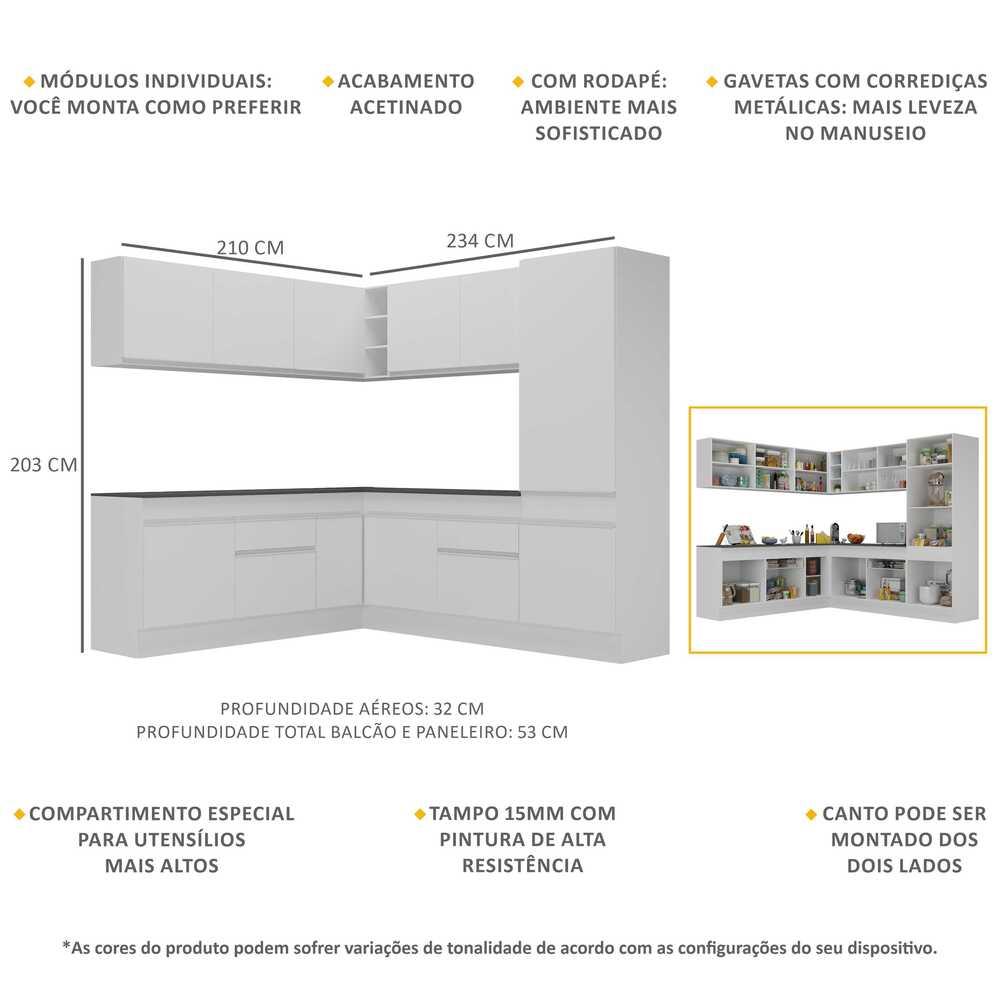 Armário de Cozinha Completa de Canto com Rodapé Veneza Multimóveis V2101  Branco