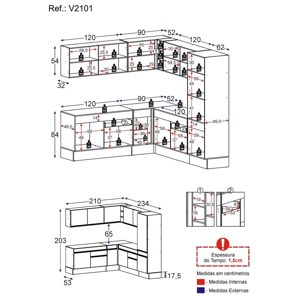 Armário de Cozinha Completa de Canto com Rodapé Veneza Multimóveis V2101  Branco