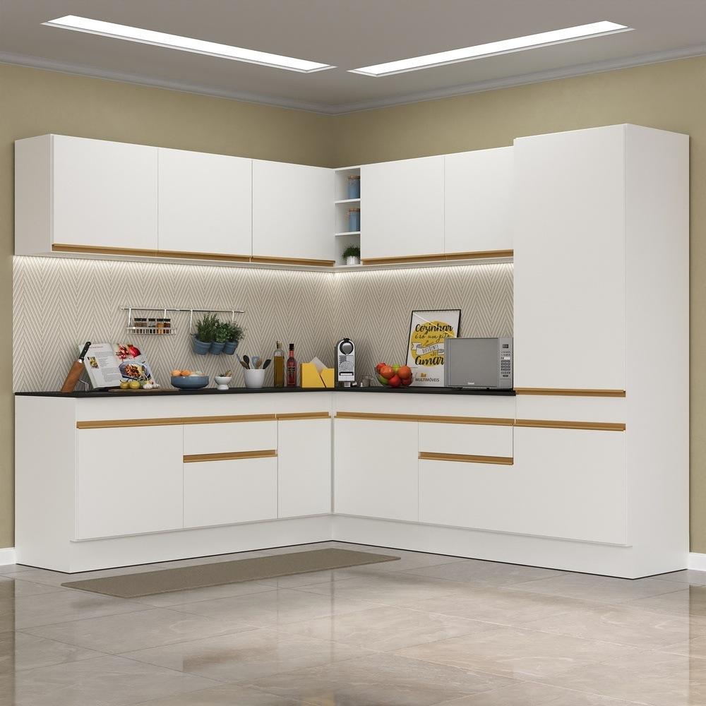 Armário de Cozinha Completa de Canto com Rodapé Veneza Multimóveis V2101  Branco/Dourado