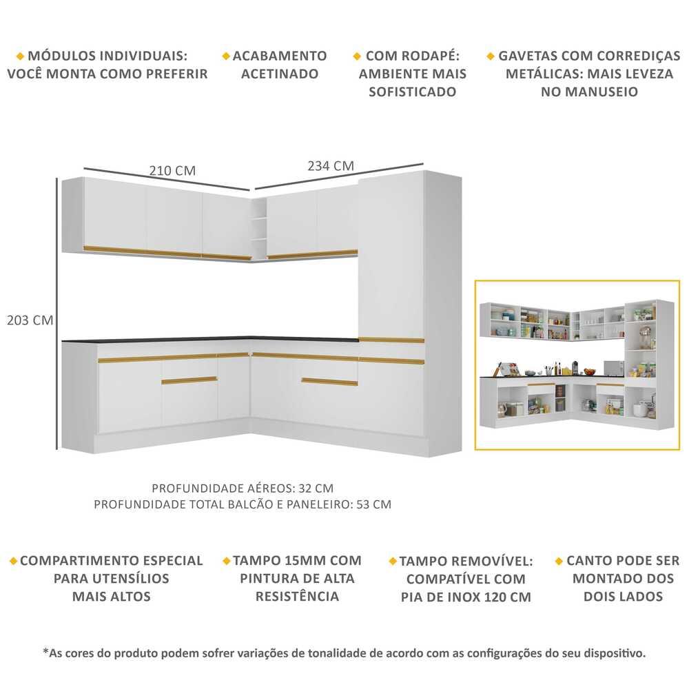 Armário de Cozinha Completa de Canto com Rodapé Veneza Multimóveis V2101  Branco/Dourado