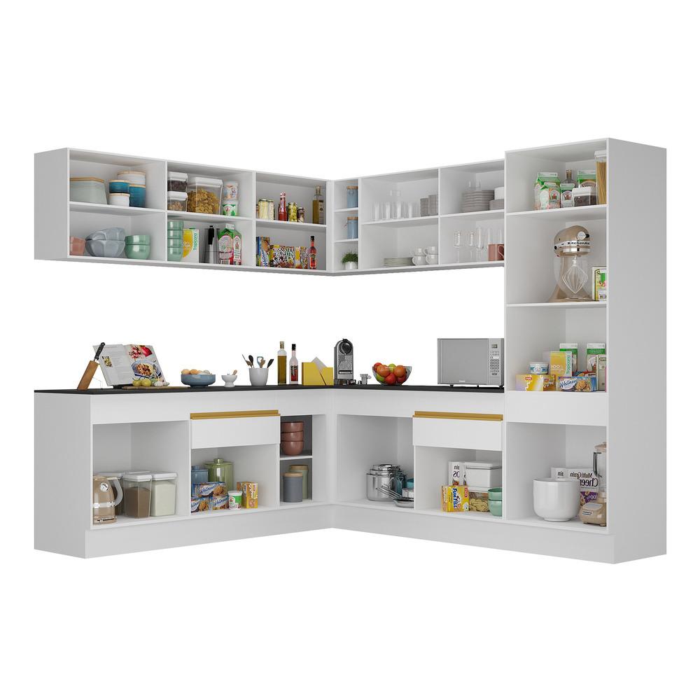 Armário de Cozinha Completa de Canto com Rodapé Veneza Multimóveis V2101  Branco/Dourado
