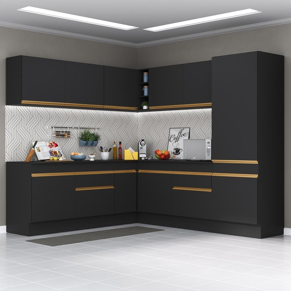 Armário de Cozinha Completa de Canto com Rodapé Veneza Multimóveis V2101  Preto/Dourado