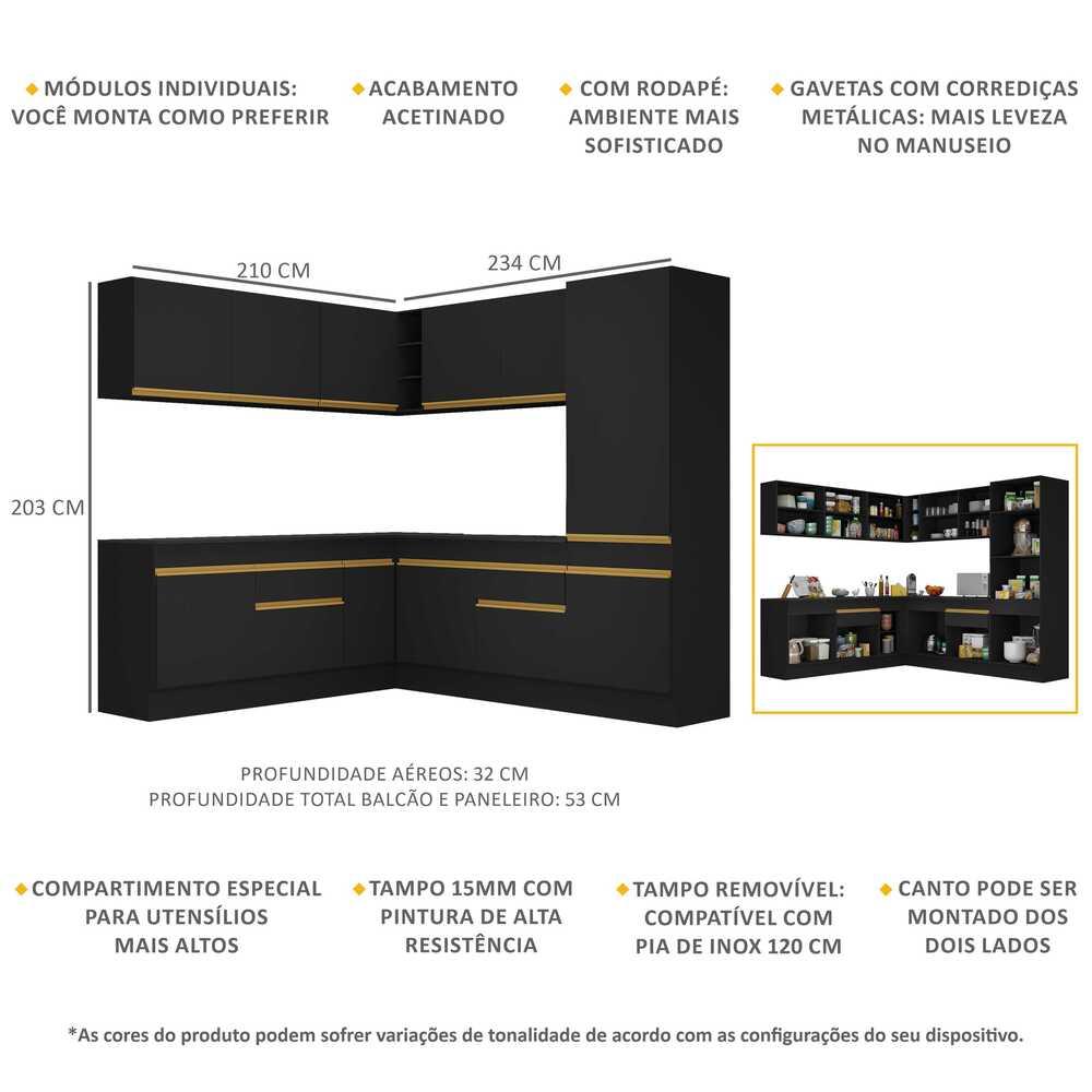 Armário de Cozinha Completa de Canto com Rodapé Veneza Multimóveis V2101  Preto/Dourado