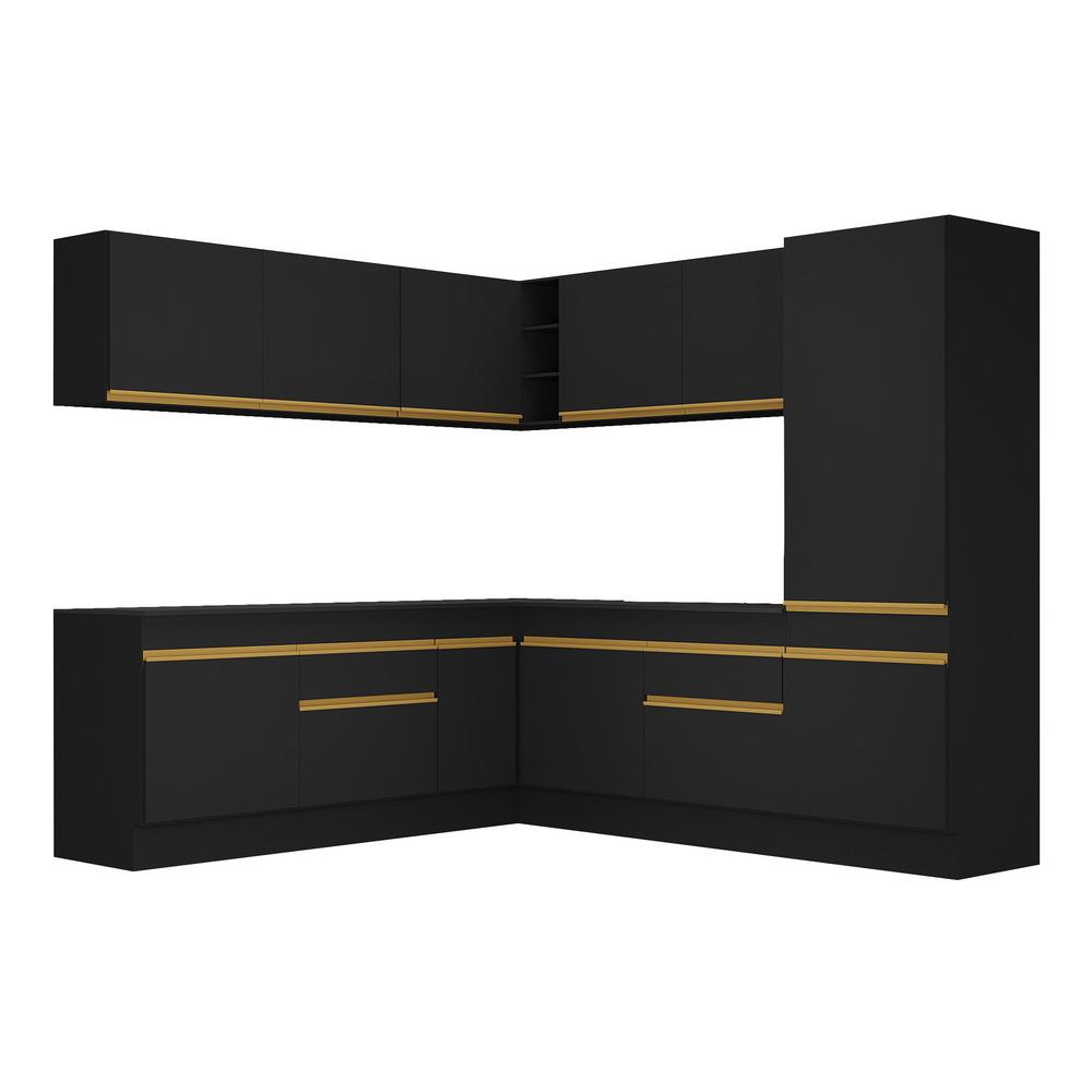 Armário de Cozinha Completa de Canto com Rodapé Veneza Multimóveis V2101  Preto/Dourado