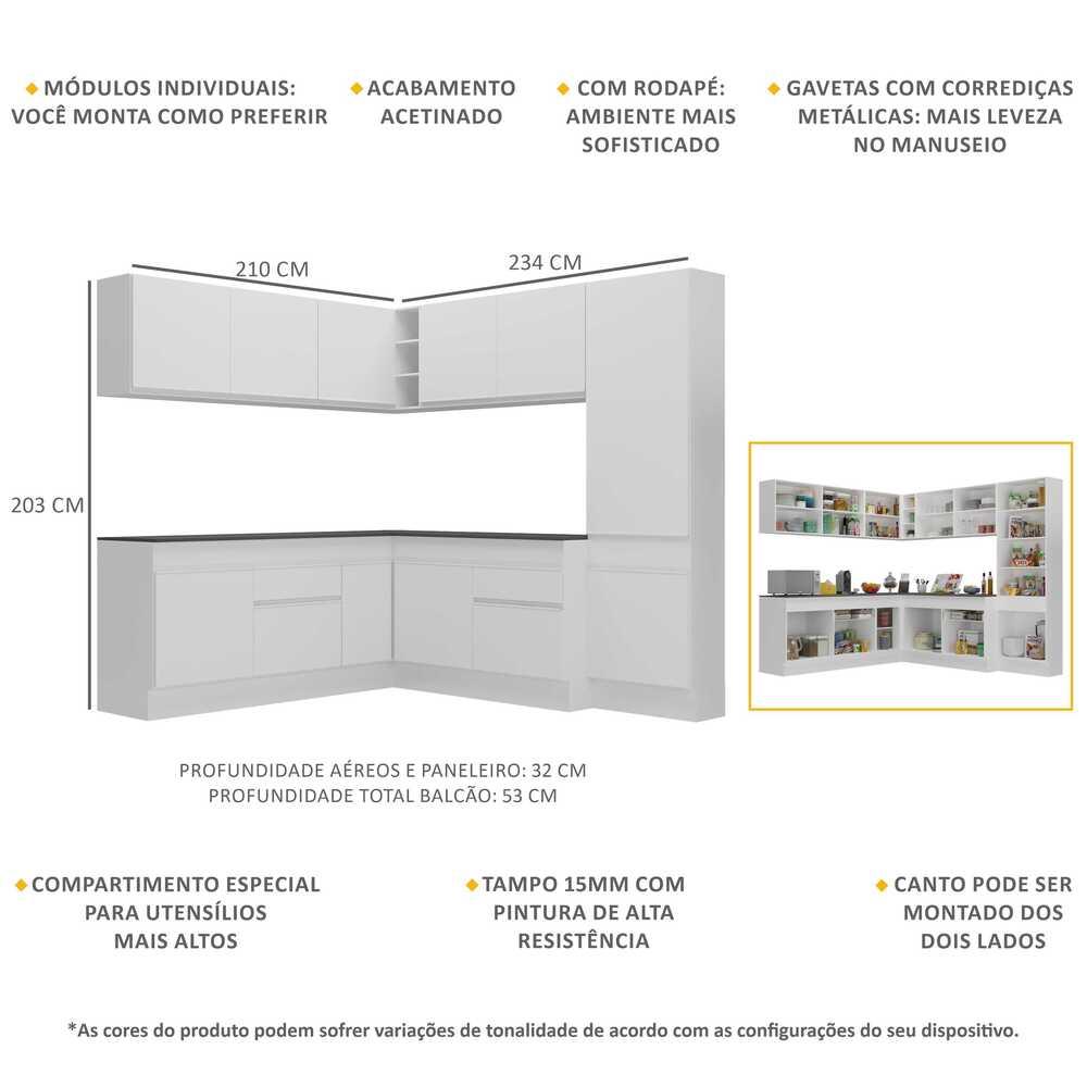 Armário de Cozinha Completa de Canto com Rodapé Veneza Multimóveis V2102  Branco