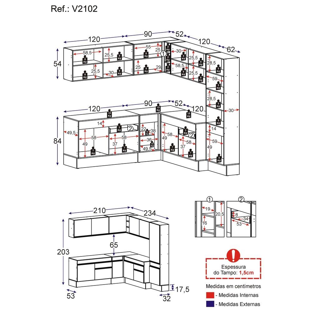 Armário de Cozinha Completa de Canto com Rodapé Veneza Multimóveis V2102  Branco