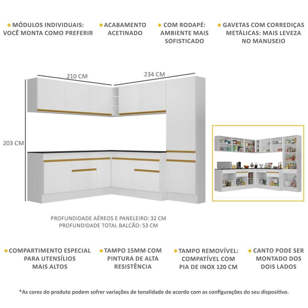 Armário de Cozinha Completa de Canto com Rodapé Veneza Multimóveis V2102  Branco/Dourado