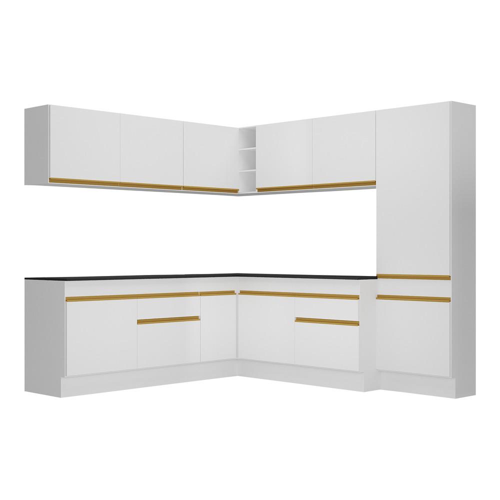 Armário de Cozinha Completa de Canto com Rodapé Veneza Multimóveis V2102  Branco/Dourado
