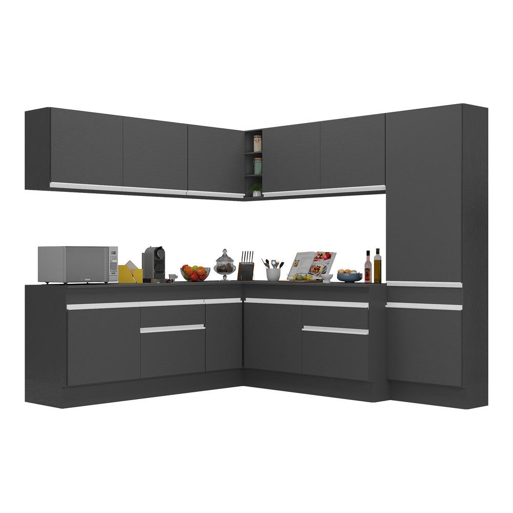 Armário de Cozinha Completa de Canto com Rodapé Veneza Multimóveis V2102  Preto/Branco