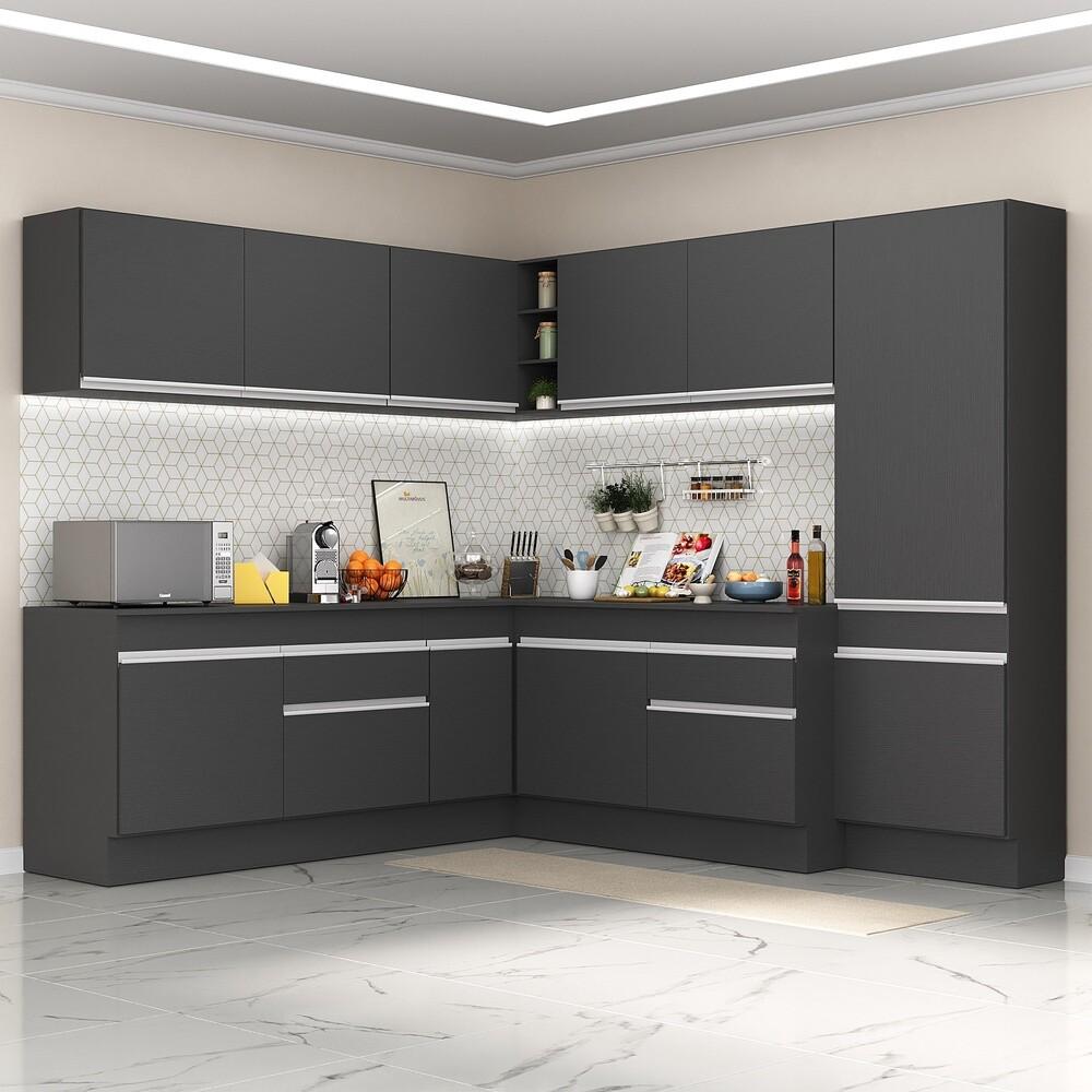 Armário de Cozinha Completa de Canto com Rodapé Veneza Multimóveis V2102  Preto/Branco