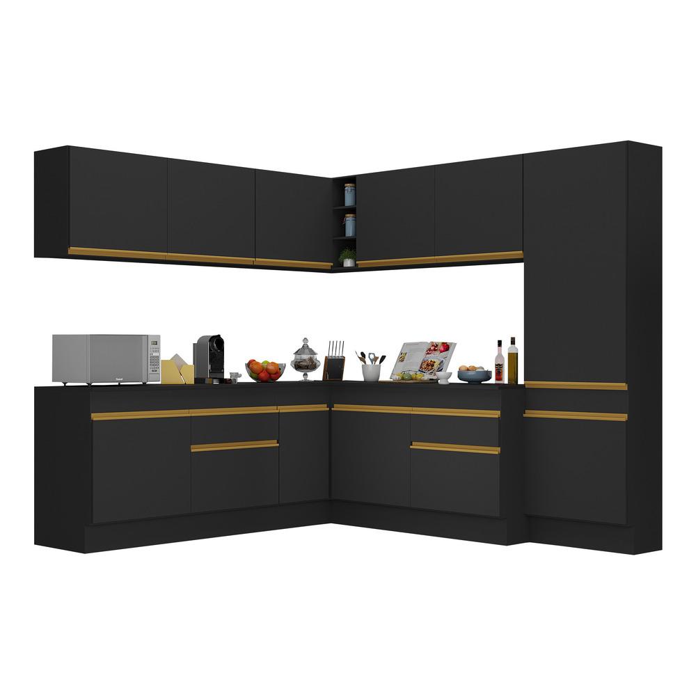 Armário de Cozinha Completa de Canto com Rodapé Veneza Multimóveis V2102  Preto/Dourado