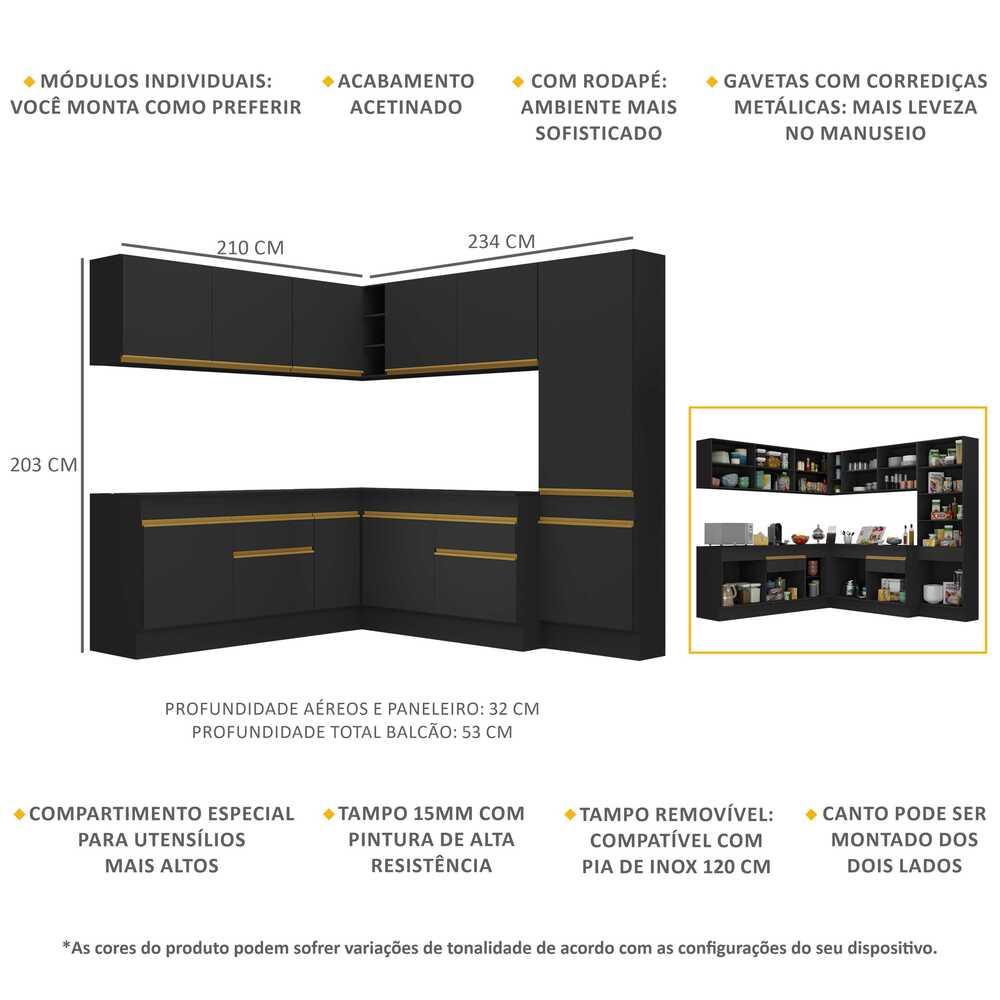 Armário de Cozinha Completa de Canto com Rodapé Veneza Multimóveis V2102  Preto/Dourado