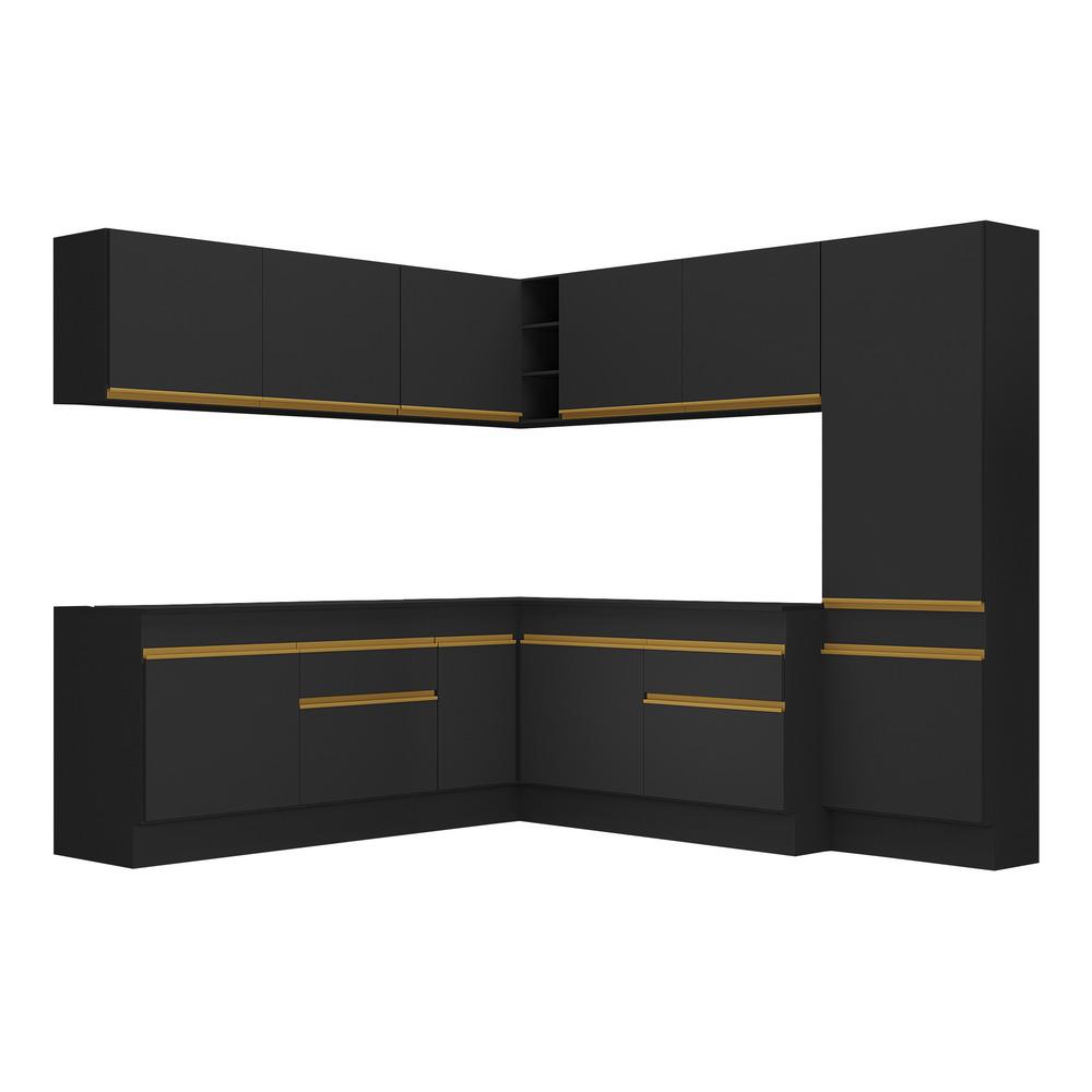 Armário de Cozinha Completa de Canto com Rodapé Veneza Multimóveis V2102  Preto/Dourado