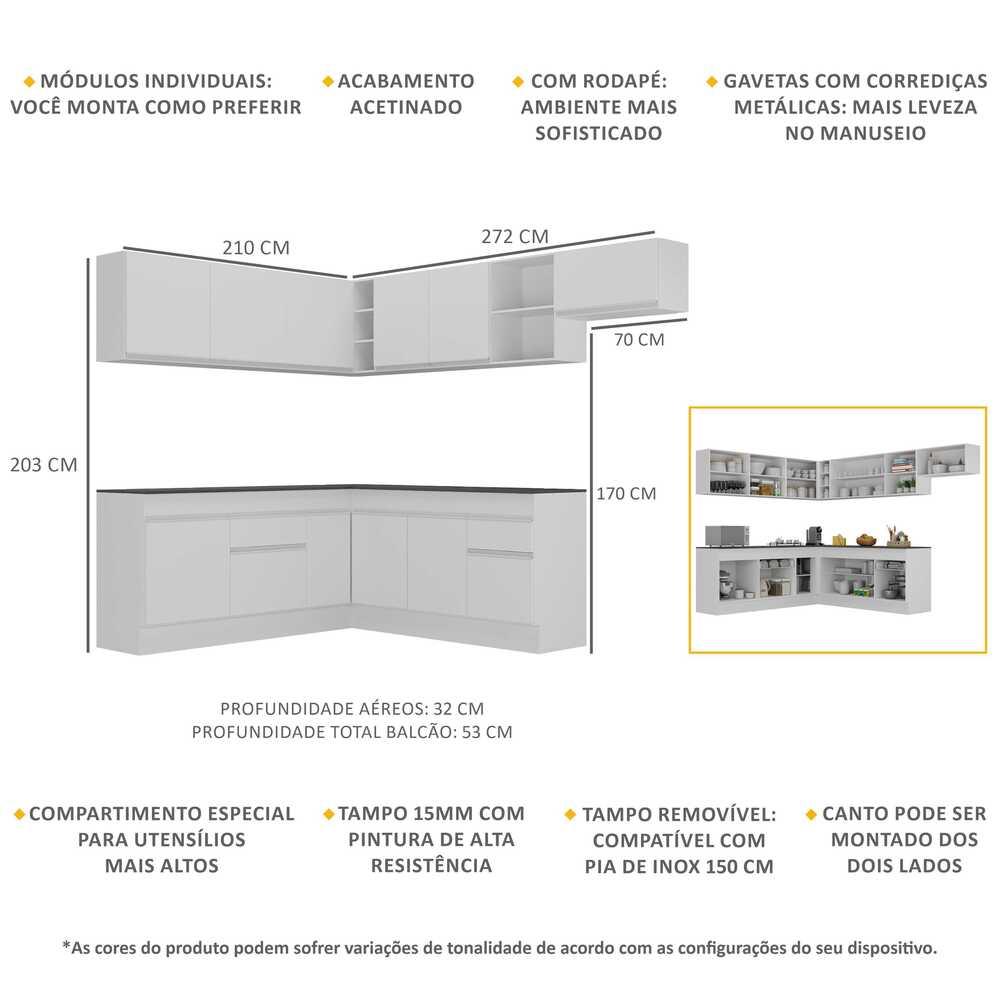 Armário de Cozinha Completa de Canto com Rodapé Veneza Multimóveis V2103  Branco
