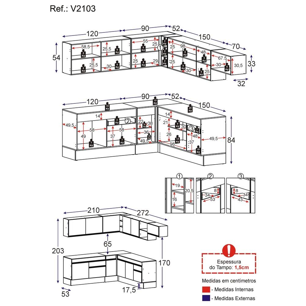 Armário de Cozinha Completa de Canto com Rodapé Veneza Multimóveis V2103  Branco