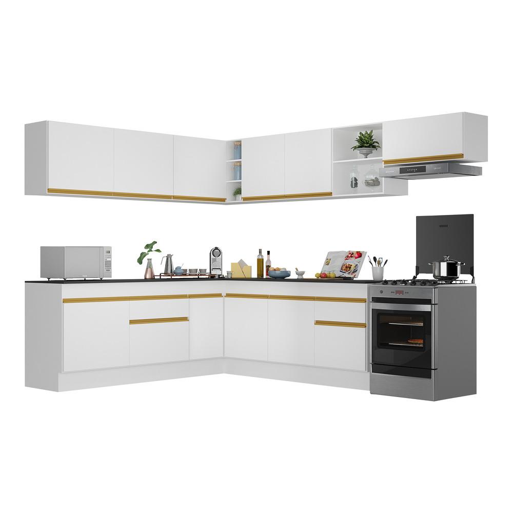 Armário de Cozinha Completa de Canto com Rodapé Veneza Multimóveis V2103  Branco/Dourado