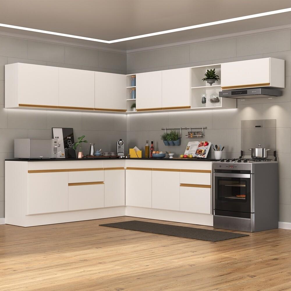Armário de Cozinha Completa de Canto com Rodapé Veneza Multimóveis V2103  Branco/Dourado
