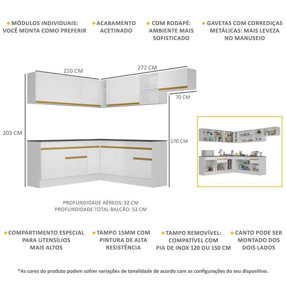 Armário de Cozinha Completa de Canto com Rodapé Veneza Multimóveis V2103  Branco/Dourado