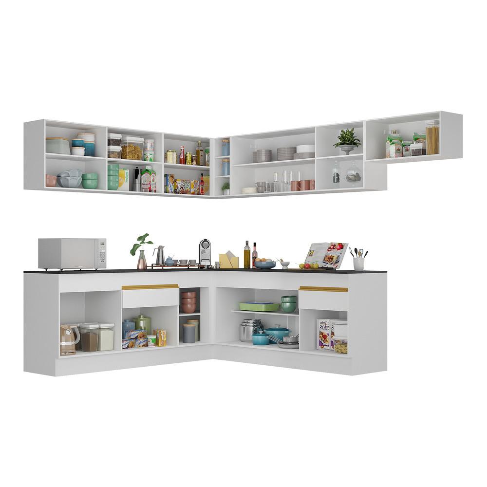 Armário de Cozinha Completa de Canto com Rodapé Veneza Multimóveis V2103  Branco/Dourado