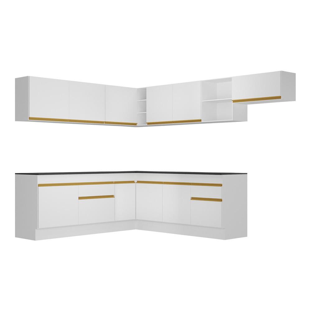 Armário de Cozinha Completa de Canto com Rodapé Veneza Multimóveis V2103  Branco/Dourado