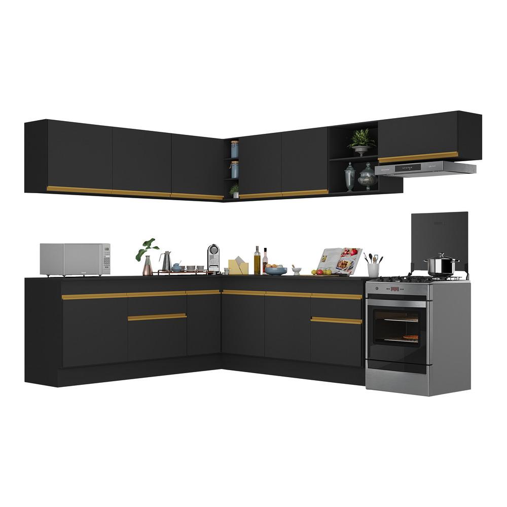 Armário de Cozinha Completa de Canto com Rodapé Veneza Multimóveis V2103  Preto/Dourado