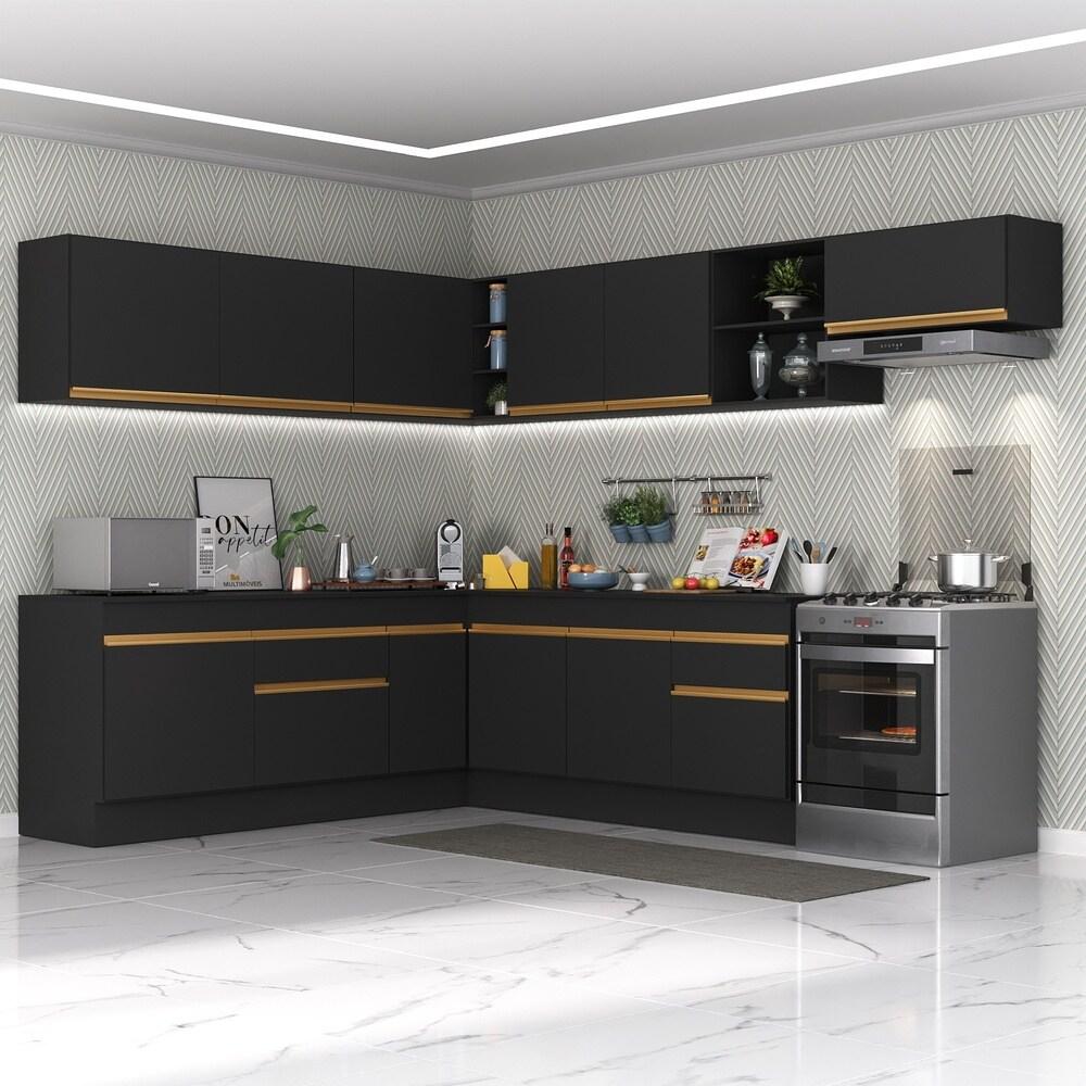 Armário de Cozinha Completa de Canto com Rodapé Veneza Multimóveis V2103  Preto/Dourado