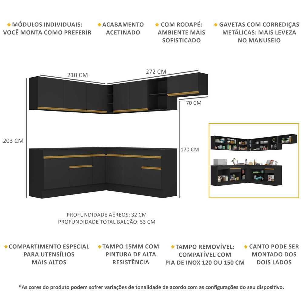 Armário de Cozinha Completa de Canto com Rodapé Veneza Multimóveis V2103  Preto/Dourado