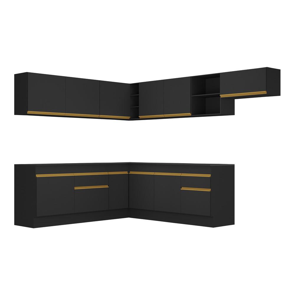 Armário de Cozinha Completa de Canto com Rodapé Veneza Multimóveis V2103  Preto/Dourado