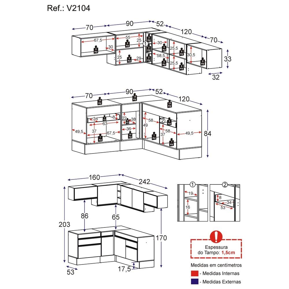 Armário de Cozinha Completa de Canto com Rodapé Veneza Multimóveis V2104  Branco