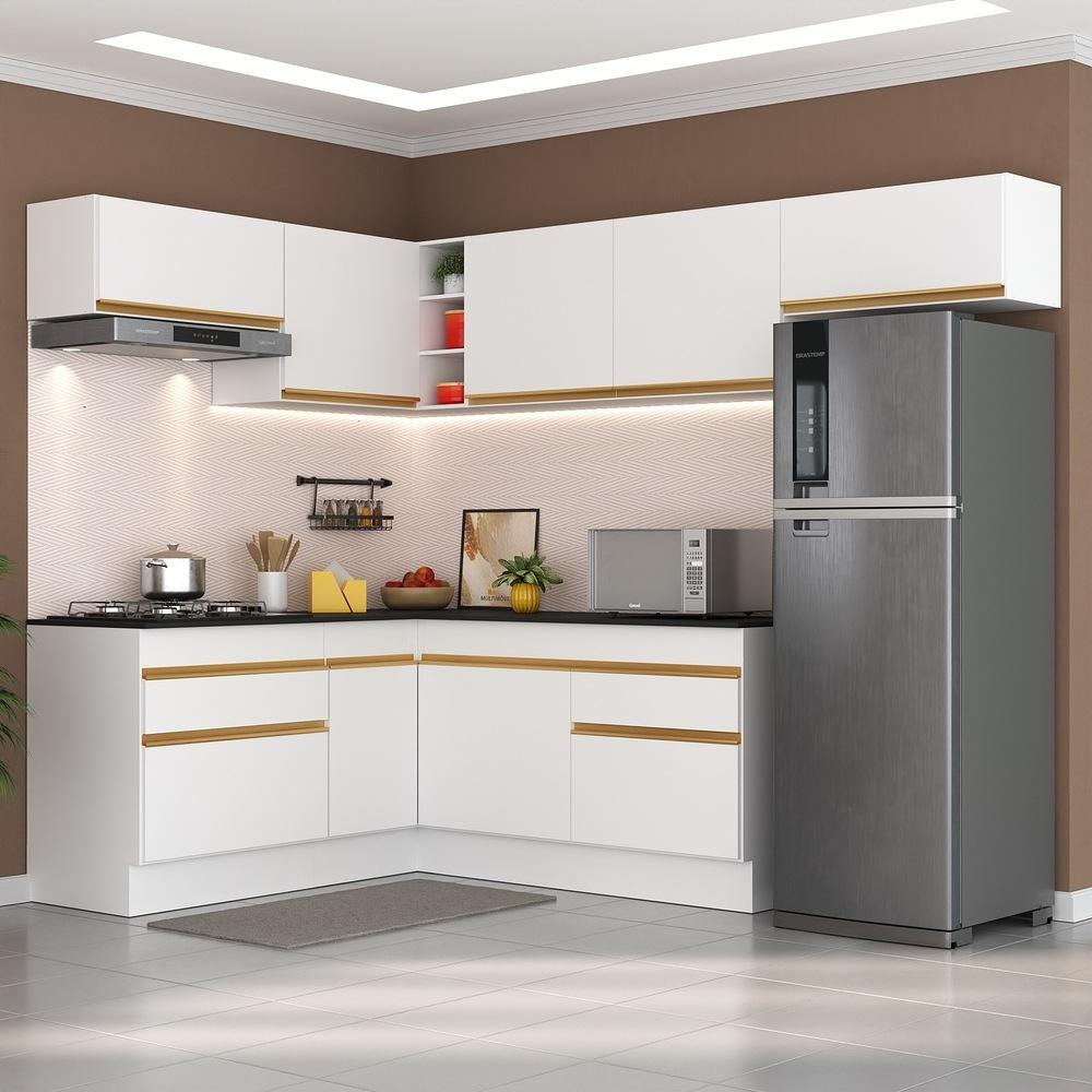 Armário de Cozinha Completa de Canto com Rodapé Veneza Multimóveis V2104  Branco/Dourado