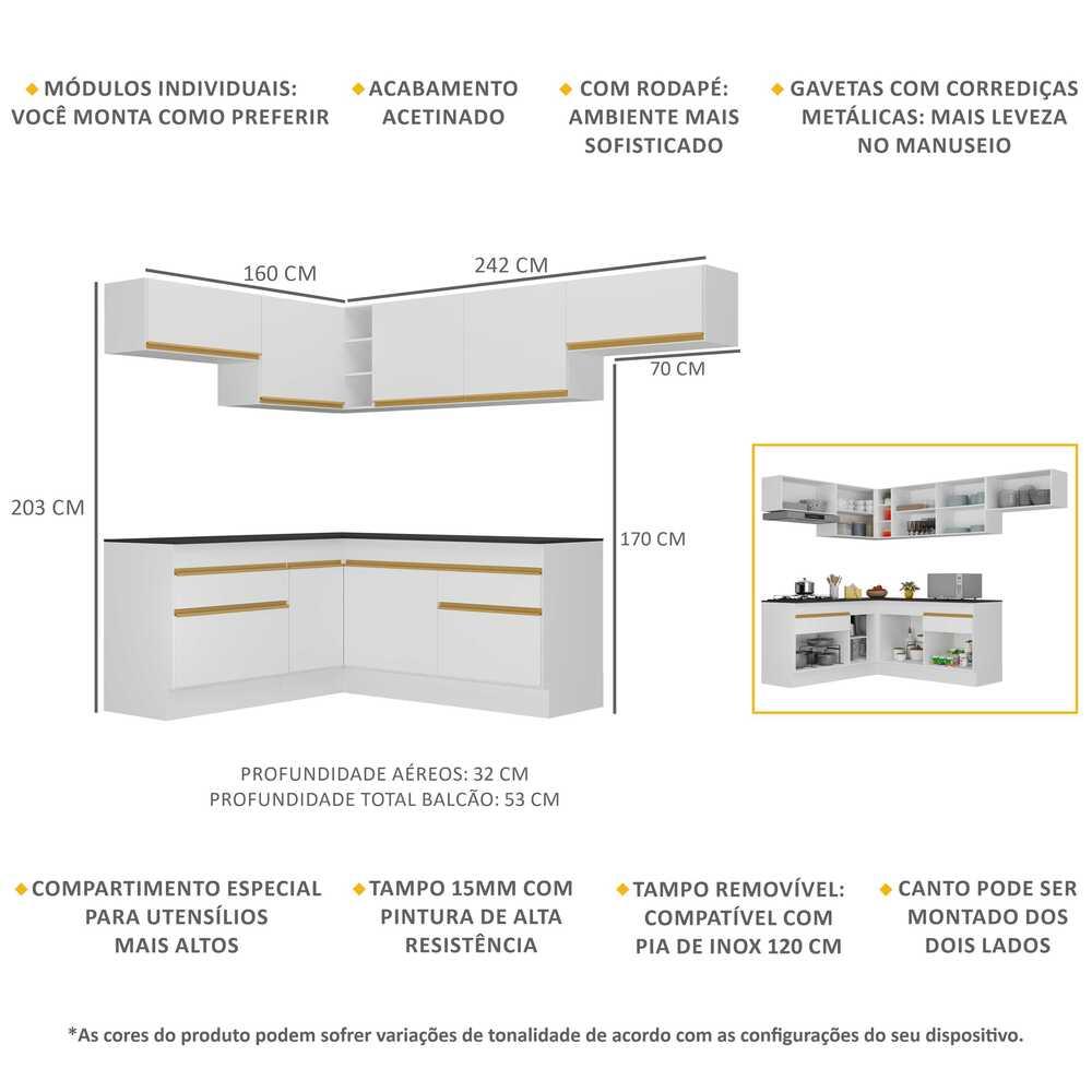 Armário de Cozinha Completa de Canto com Rodapé Veneza Multimóveis V2104  Branco/Dourado