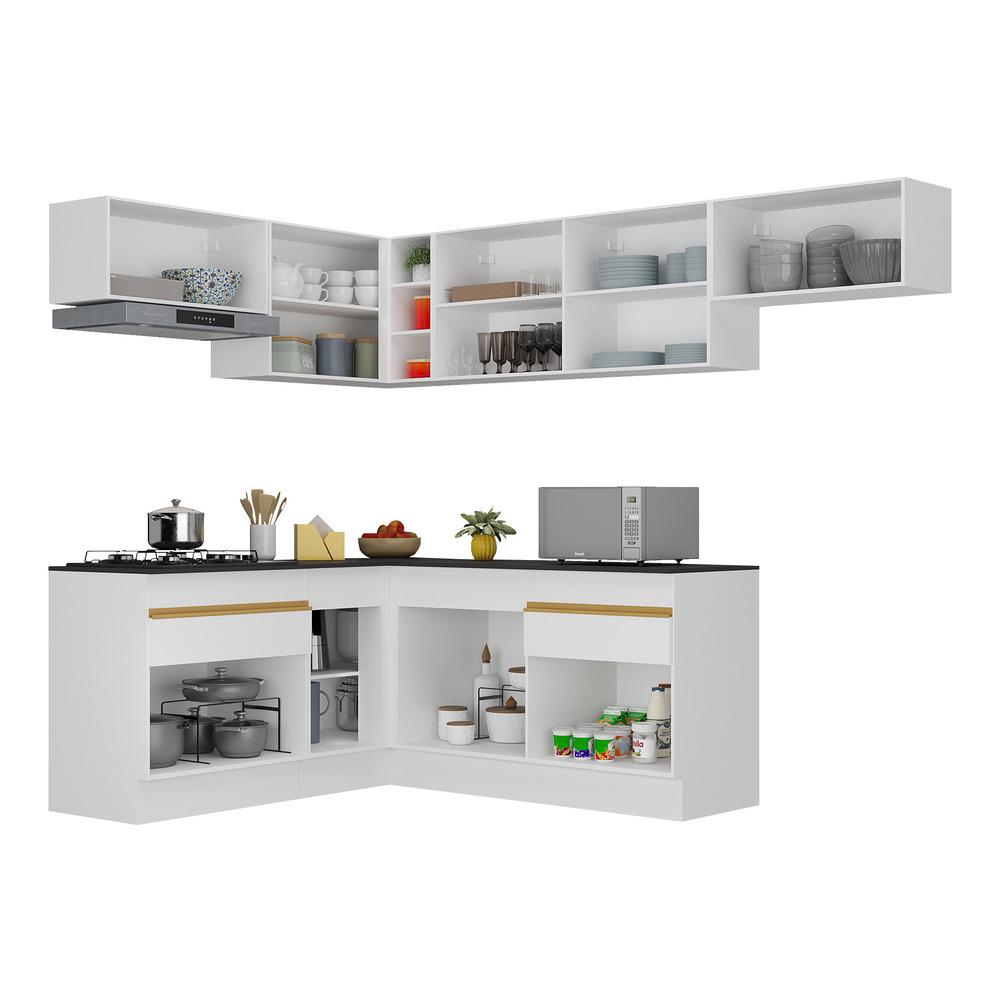 Armário de Cozinha Completa de Canto com Rodapé Veneza Multimóveis V2104  Branco/Dourado