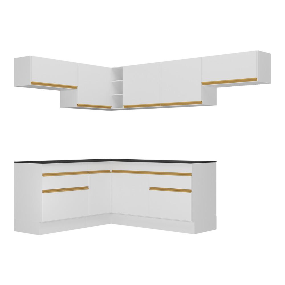Armário de Cozinha Completa de Canto com Rodapé Veneza Multimóveis V2104  Branco/Dourado