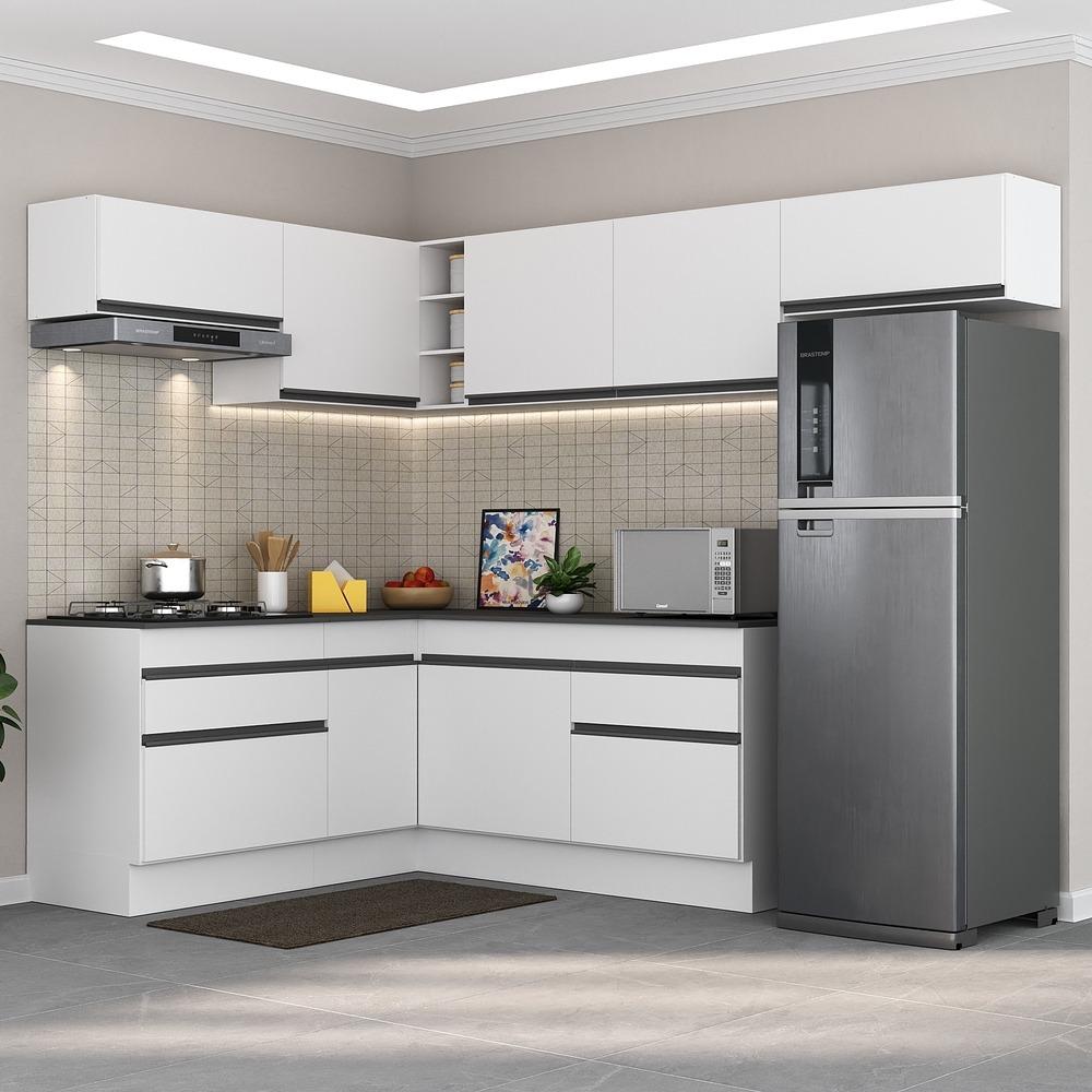 Armário de Cozinha Completa de Canto com Rodapé Veneza Multimóveis V2104  Branco/Preto