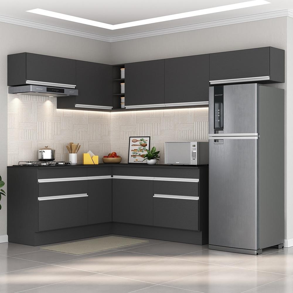 Armário de Cozinha Completa de Canto com Rodapé Veneza Multimóveis V2104  Preto/Branco