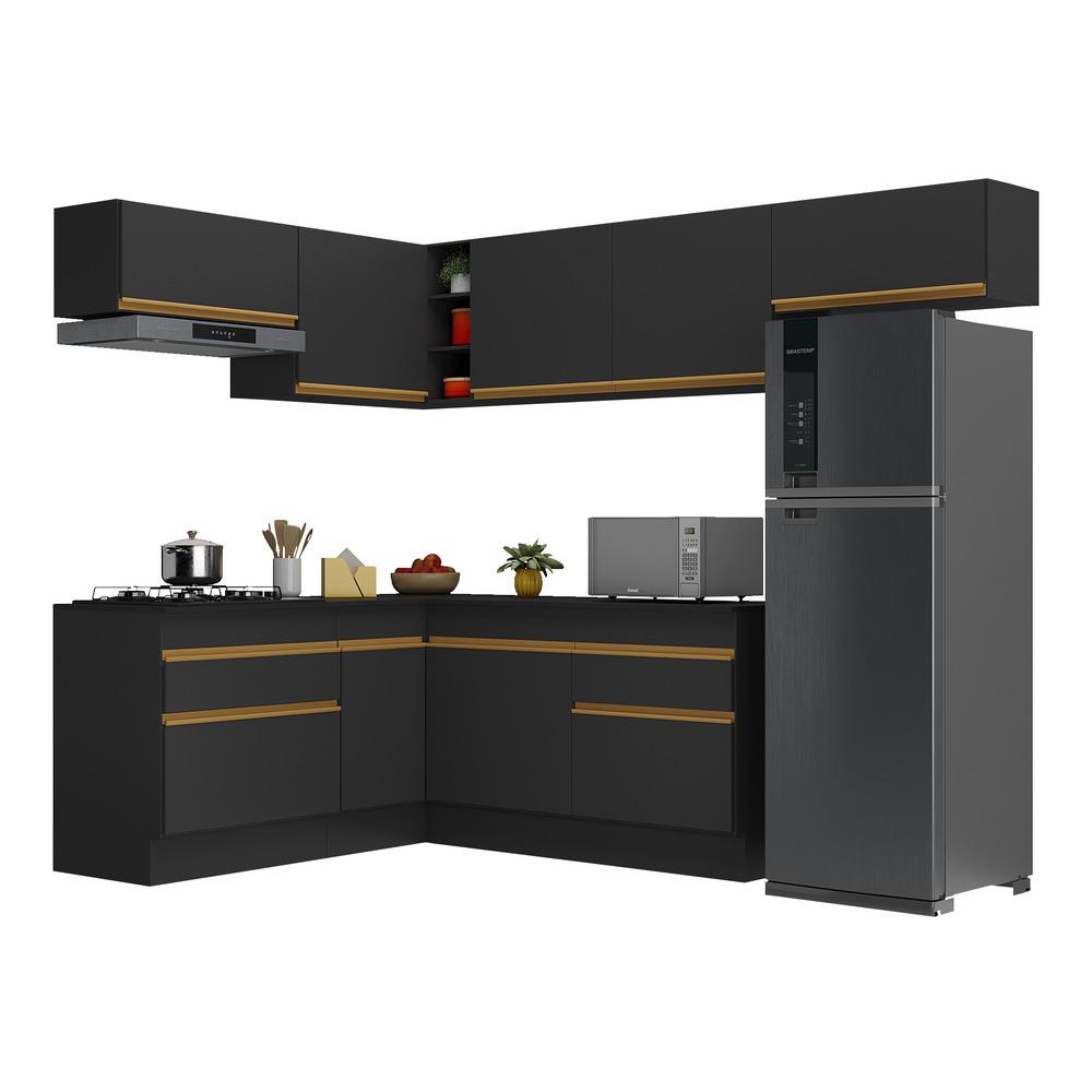 Armário de Cozinha Completa de Canto com Rodapé Veneza Multimóveis V2104  Preto/Dourado