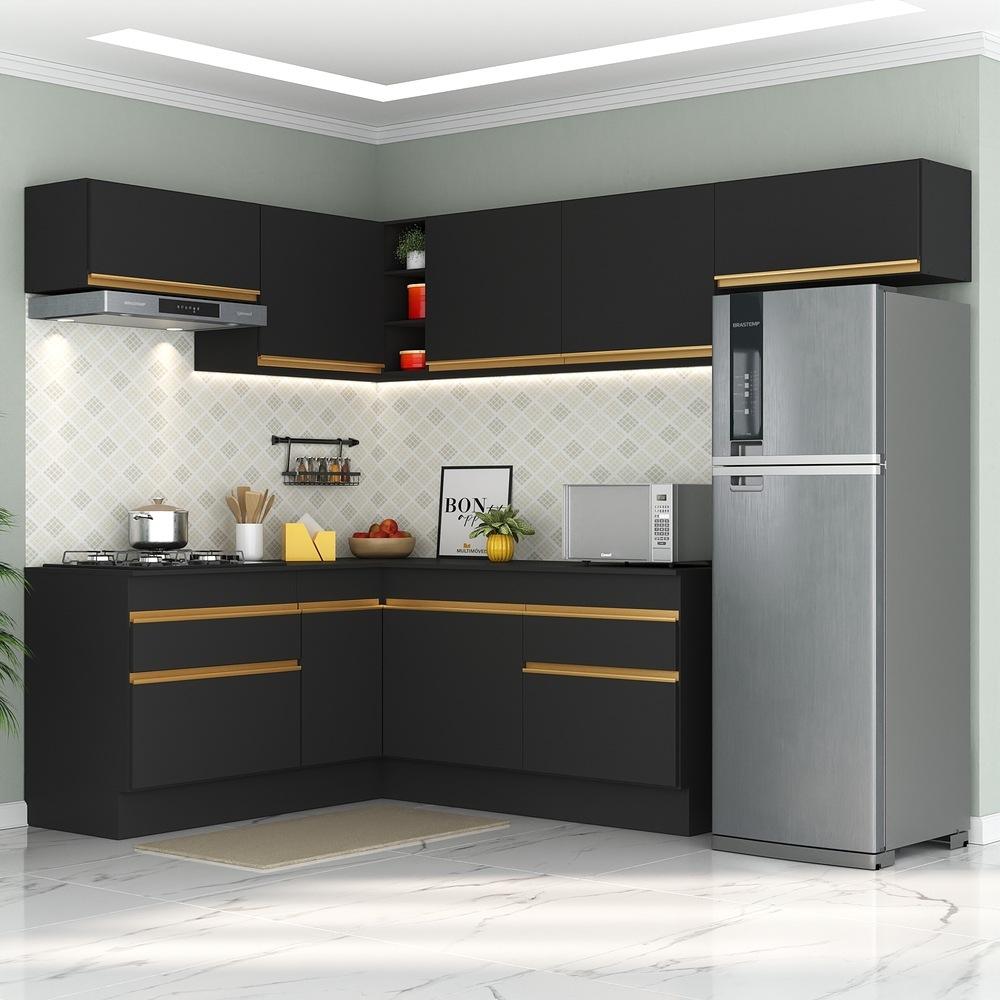 Armário de Cozinha Completa de Canto com Rodapé Veneza Multimóveis V2104  Preto/Dourado