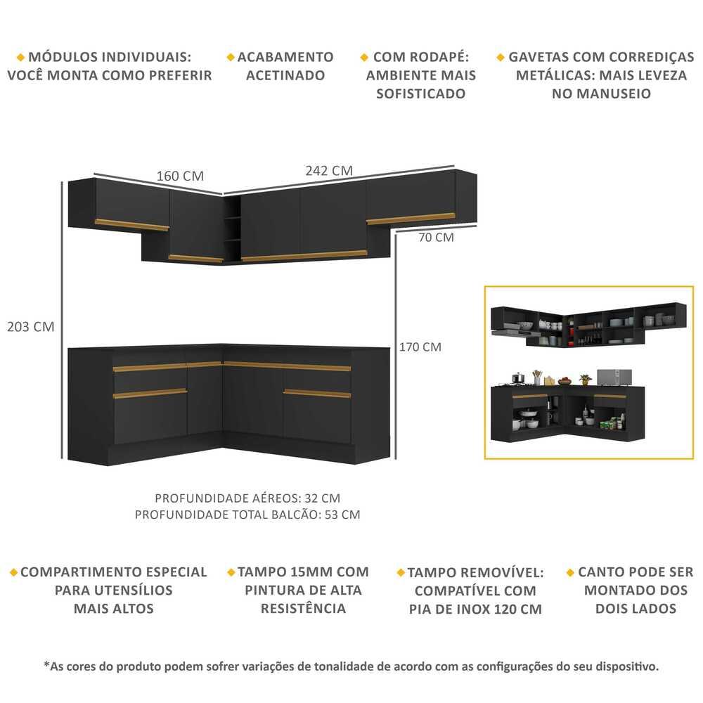 Armário de Cozinha Completa de Canto com Rodapé Veneza Multimóveis V2104  Preto/Dourado