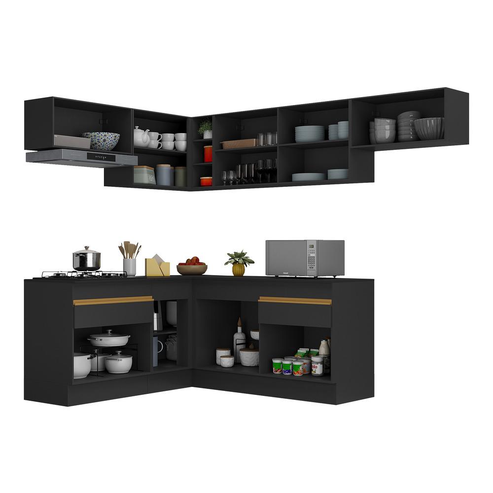 Armário de Cozinha Completa de Canto com Rodapé Veneza Multimóveis V2104  Preto/Dourado