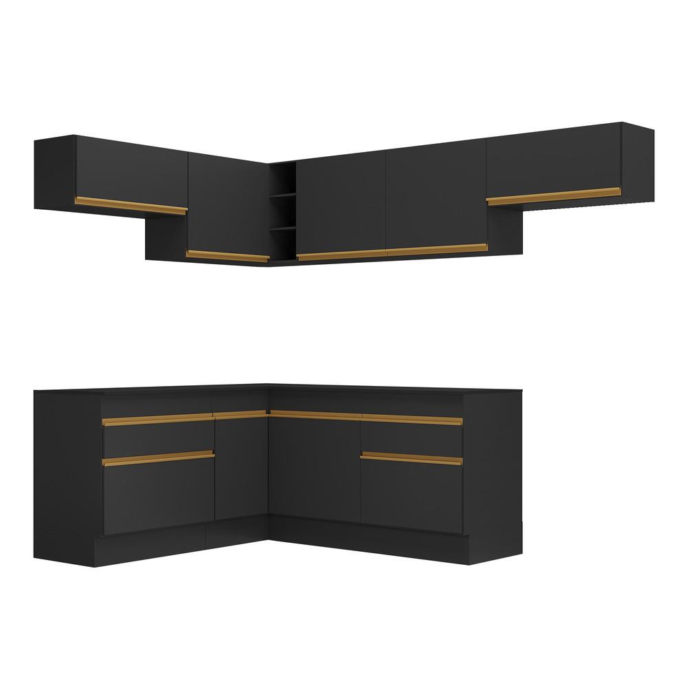 Armário de Cozinha Completa de Canto com Rodapé Veneza Multimóveis V2104  Preto/Dourado